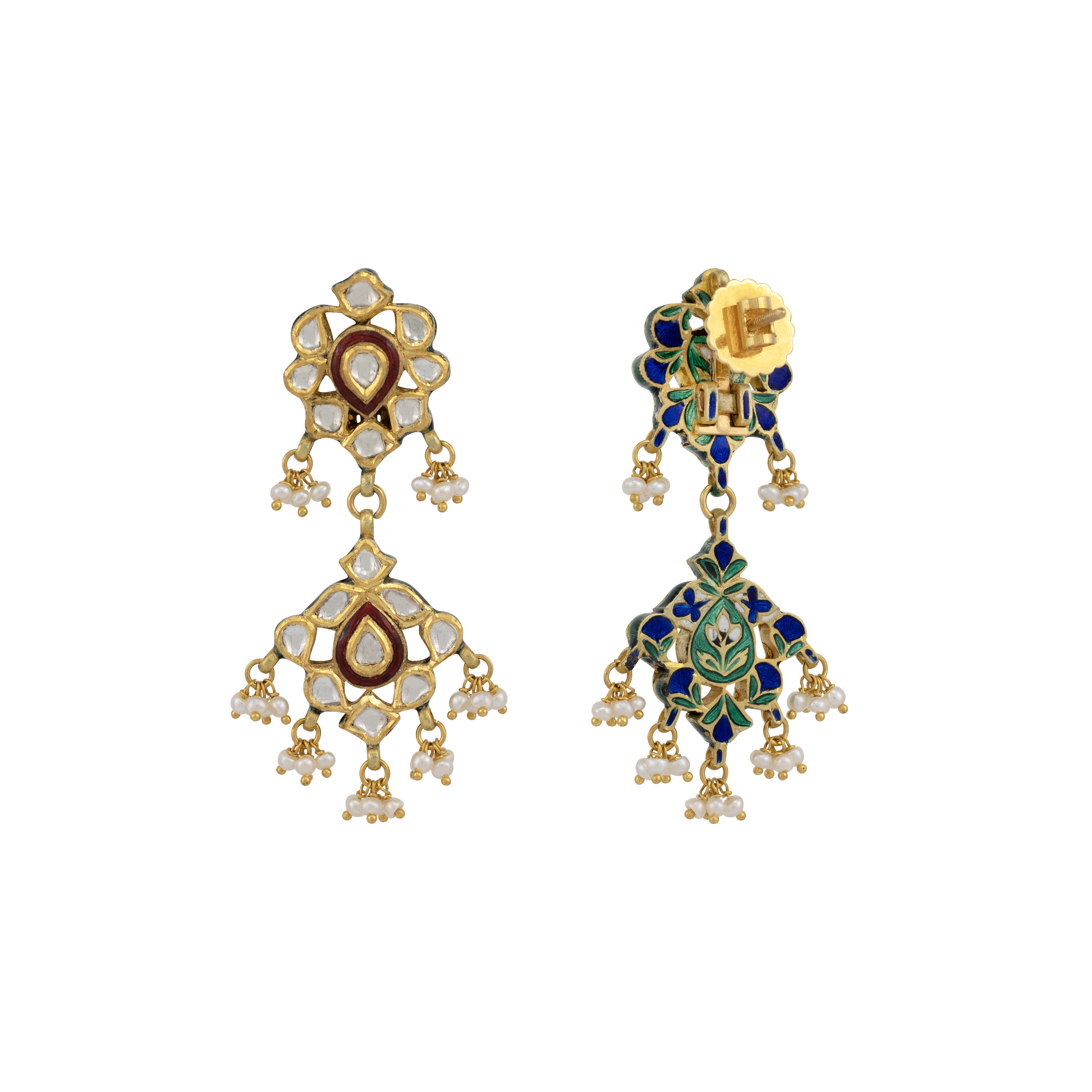 Polki Chandelier Earrings with Red Enamel and Pearl Clusters